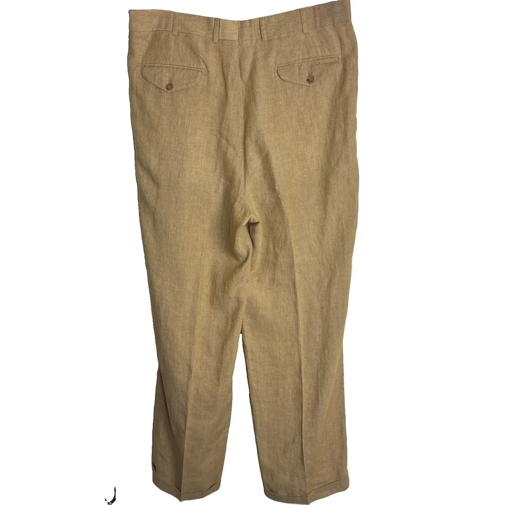 Hickey Freeman 100% Linen Trousers Mens 35x33 Tan Italy Pleat Cuffed Dress Pants